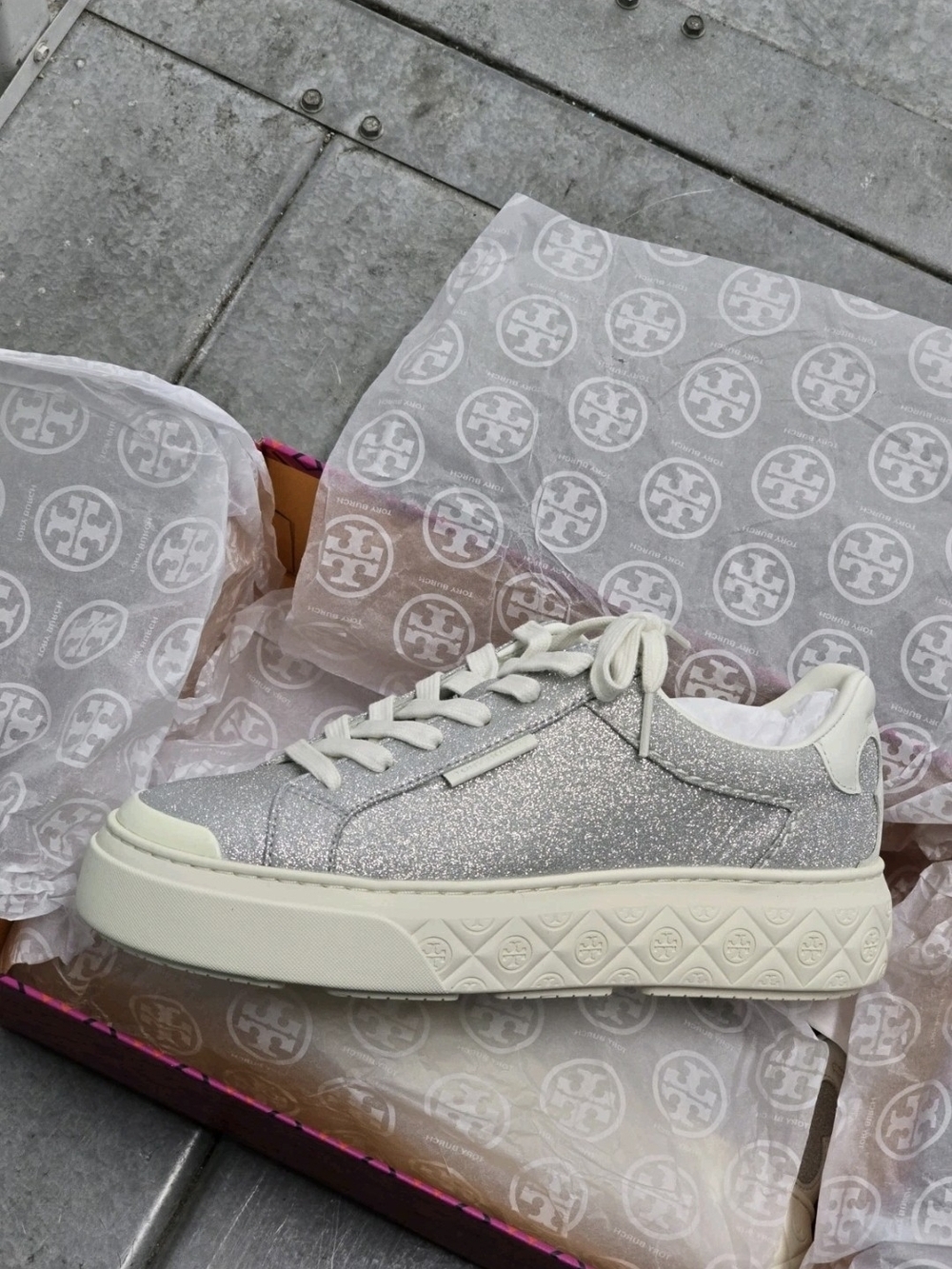 Tory Burch Ladybug 11 Silver Glitter Platform Sneakers Monogram Designer Shoes - Picture 9 of 10